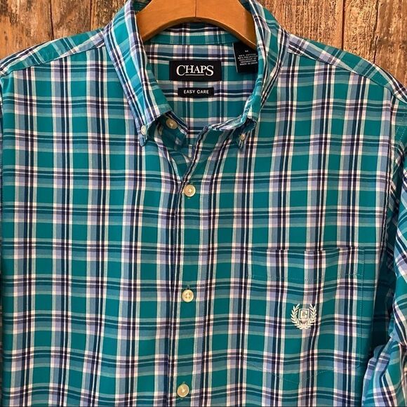 Chaps Men’s M Turquoise Plaid Pocket Long Sleeve Cotton Casual Dress Shirt - Picture 4 of 7